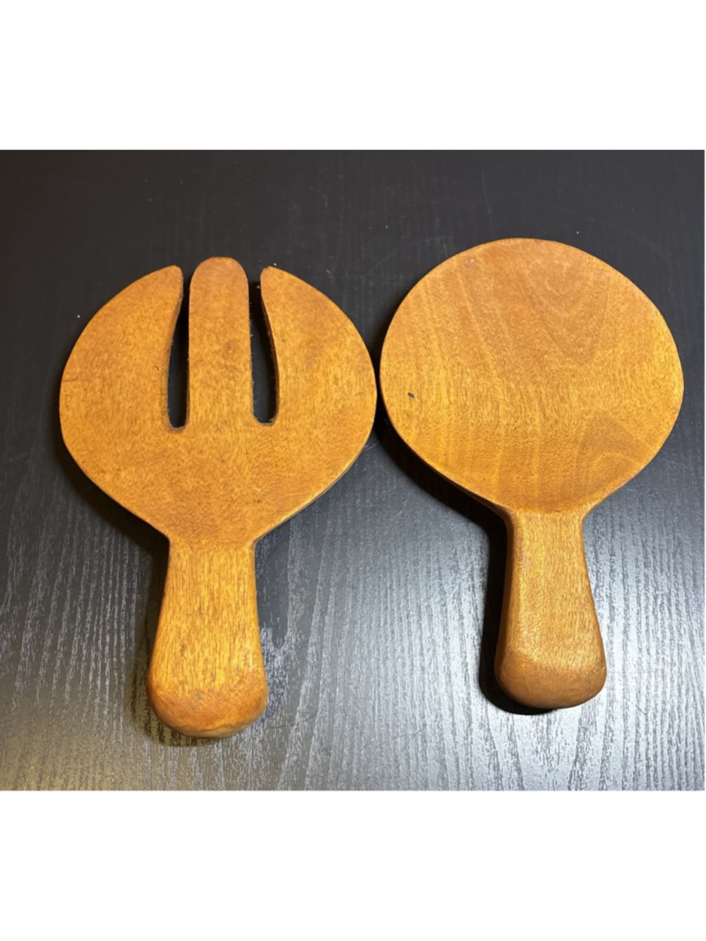Vintage Philippine Wooden Salad Serving Spoon & Fork Set 10” Mid Century.